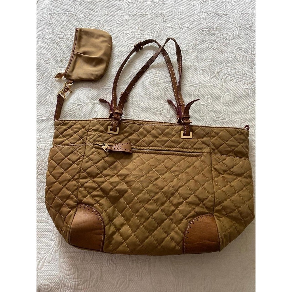 MZ Wallace Quilted Nylon Tote Bag Leather Accents and Matching Pouch Purse s15